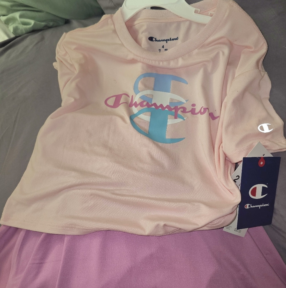 Champion Light Pink Tee with Blue Logo